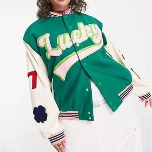 Daisy Street Plus oversized varsity jacket with dice applique back